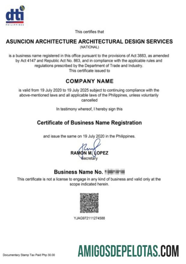 Modelo de certificado de registro de nome comercial das Filipinas